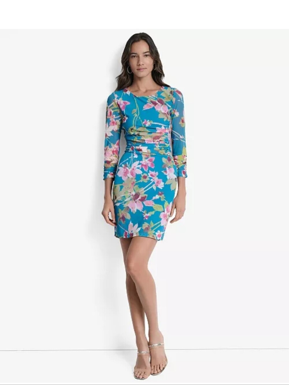 NWT DKNY Blue Floral Ruched Mesh Sheath Dress Size 12P MSRP $129